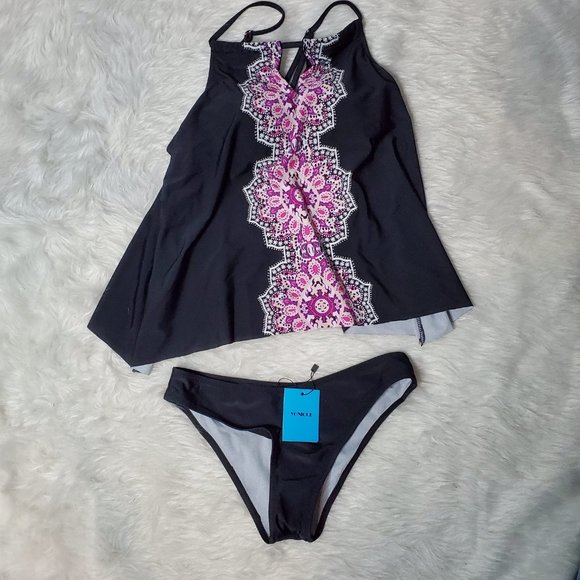 NWT Yonique Black & Pink Mandala Design Tankini Swimsuit with Bikini Bottom - Picture 5 of 6
